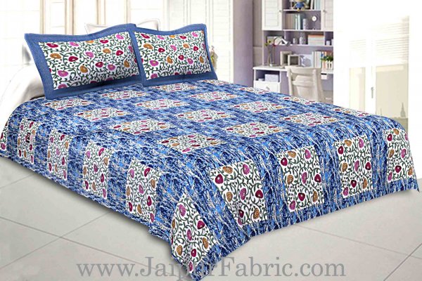 Pure Cotton 240 TC Double bedsheet in blue box floral pattern