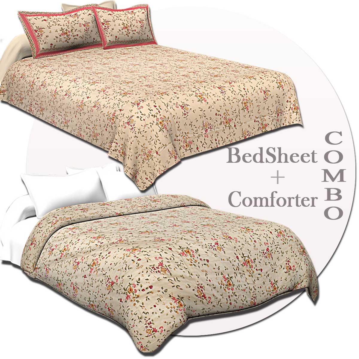 COMBO62 Cream Floral Design 1 Cotton Double Bedsheet + 1 Dohar Combo