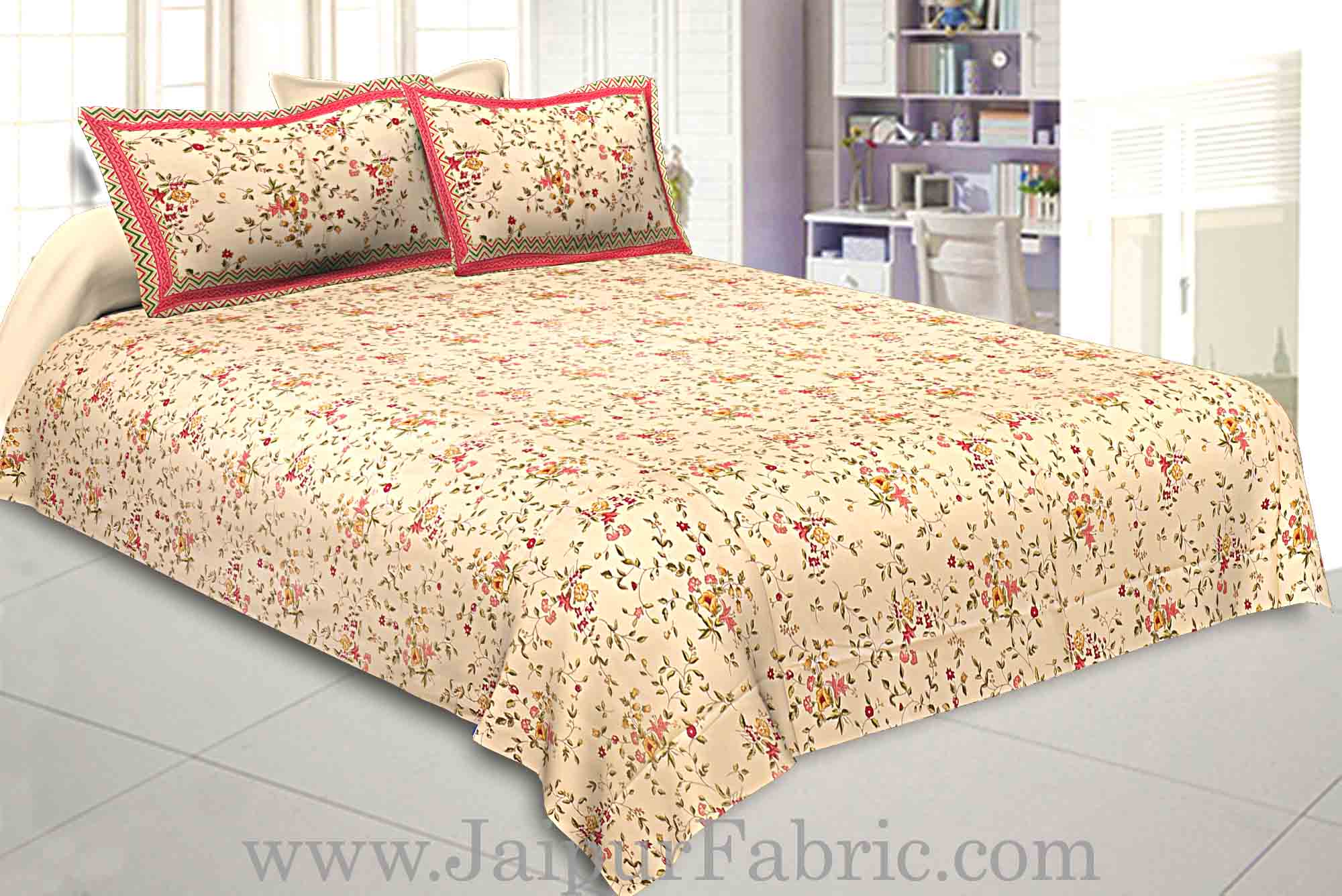 Pure Cotton 240 TC Double bedsheet cream floral motif print