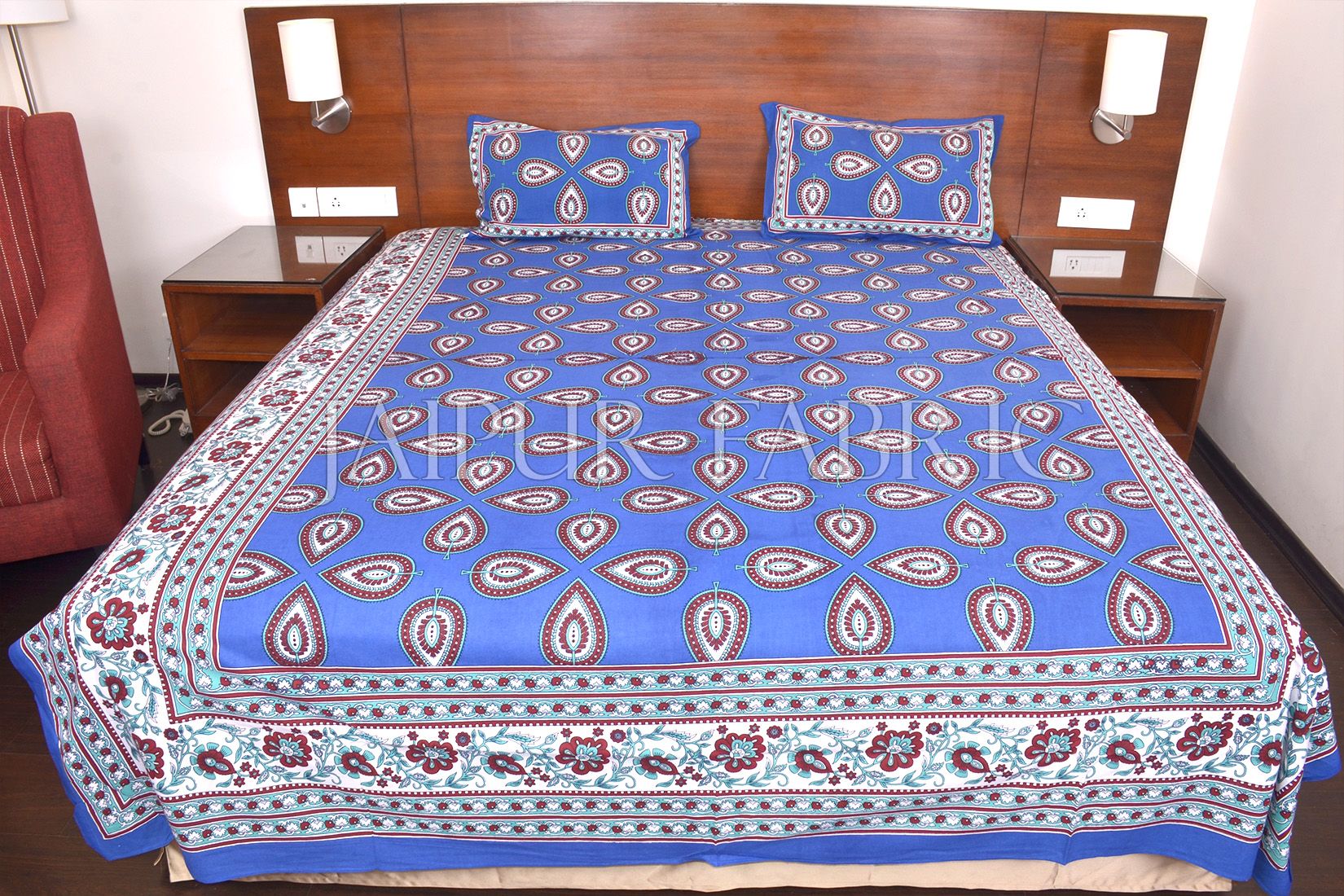 Blue Color Jaipuri Paan Patti Print Double Bed Sheet