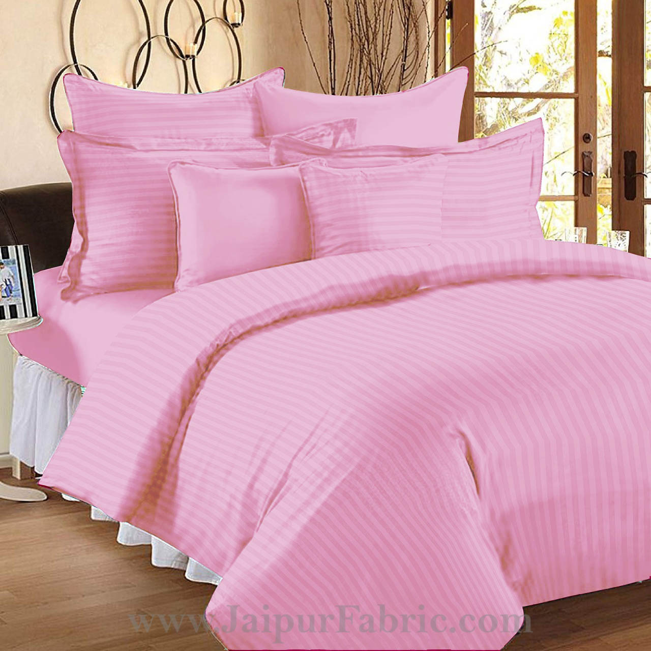 Light Pink Self Design 300 TC King Size Pure Cotton Satin Slumber Sheet for Double Bed with 2 pillow covers