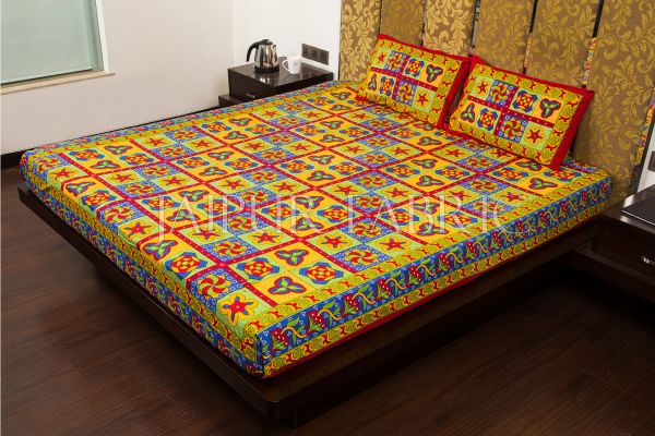 Maroon Border Rangoli Print Multi Color Cotton Double Bed Sheet