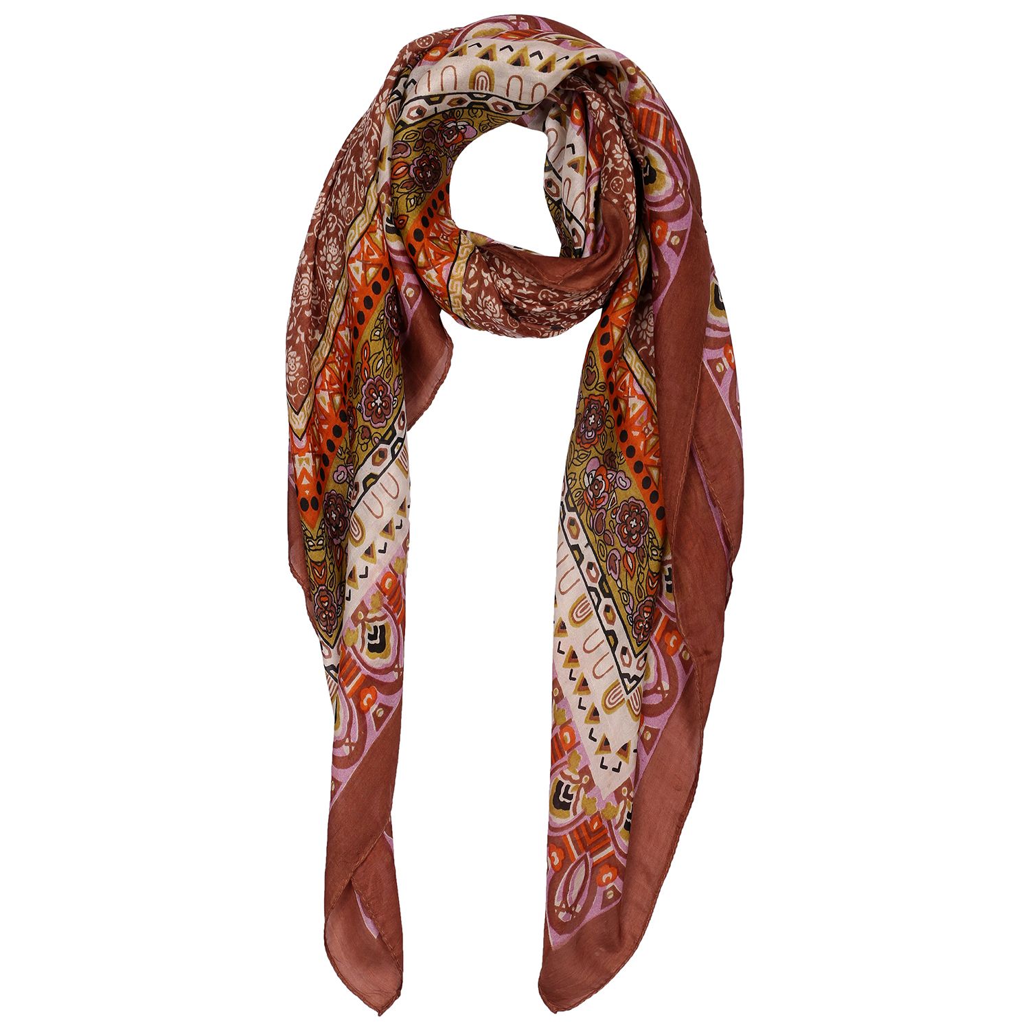 Silk Scarf Coffee Color Border With Floral Print