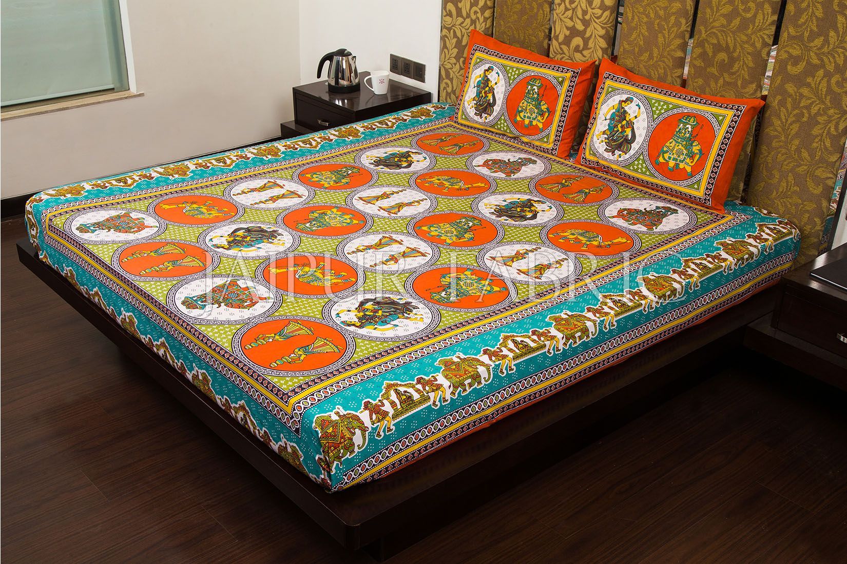 Orange Border Jaipri Fat Wedding Print Cotton Double Bed Sheet
