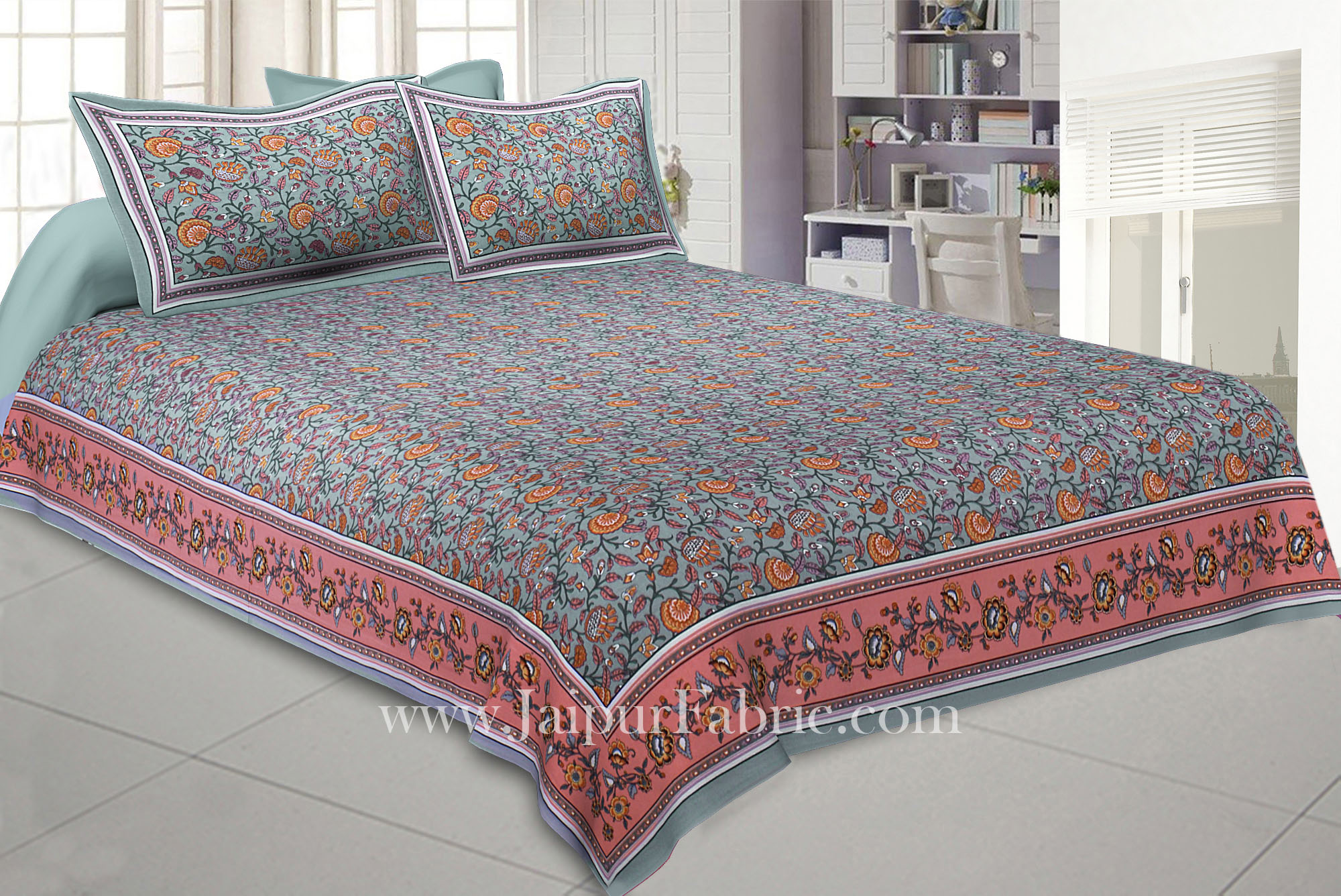 Blooming  Grey Floral Double Bedsheet