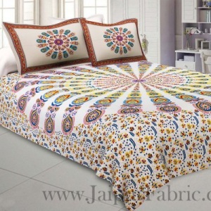 Mandala Yellow Blue Khari Gold Print Double Bedsheet with 2 Pillow Covers