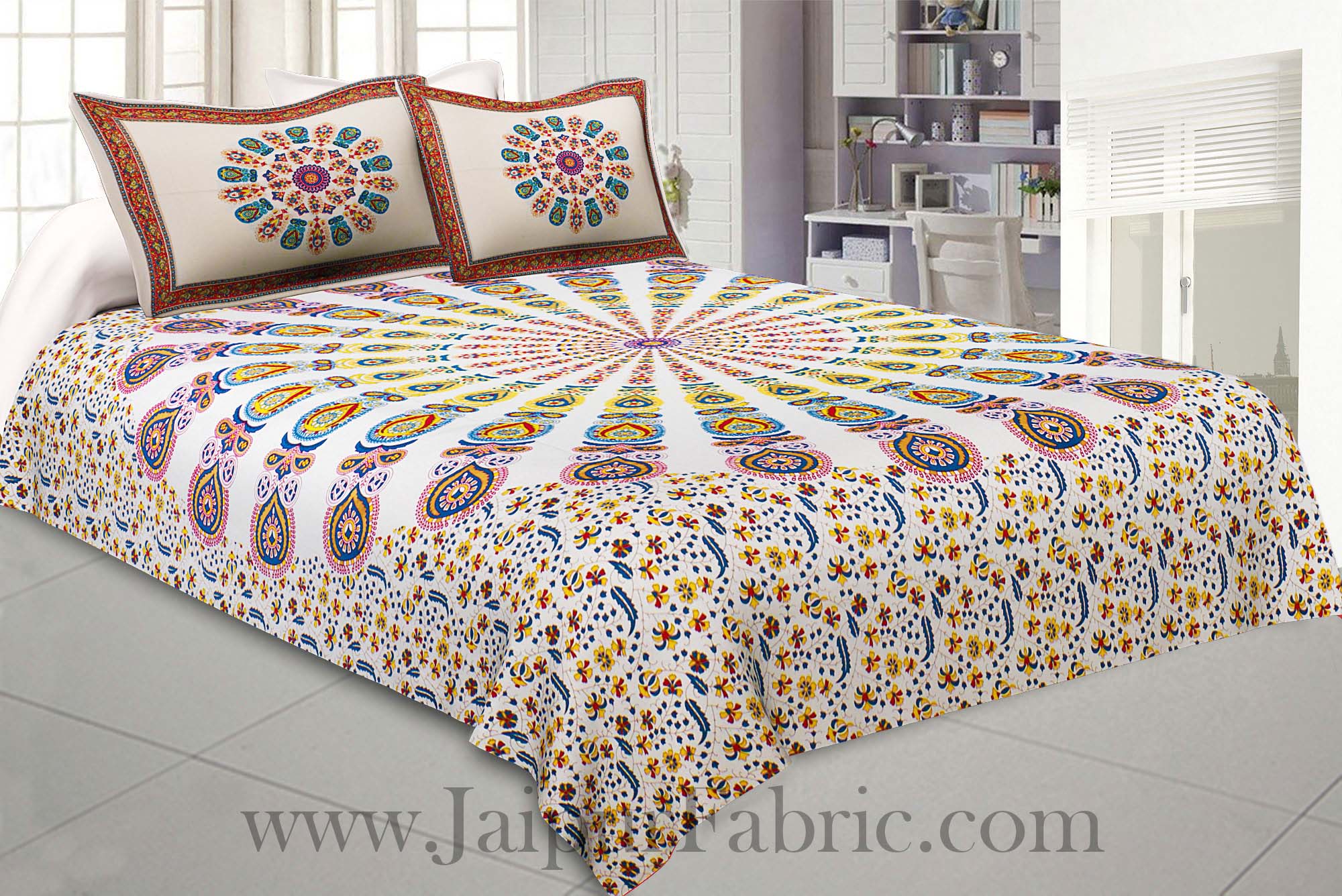 Mandala Yellow Blue Khari Gold Print Double Bedsheet with 2 Pillow Covers