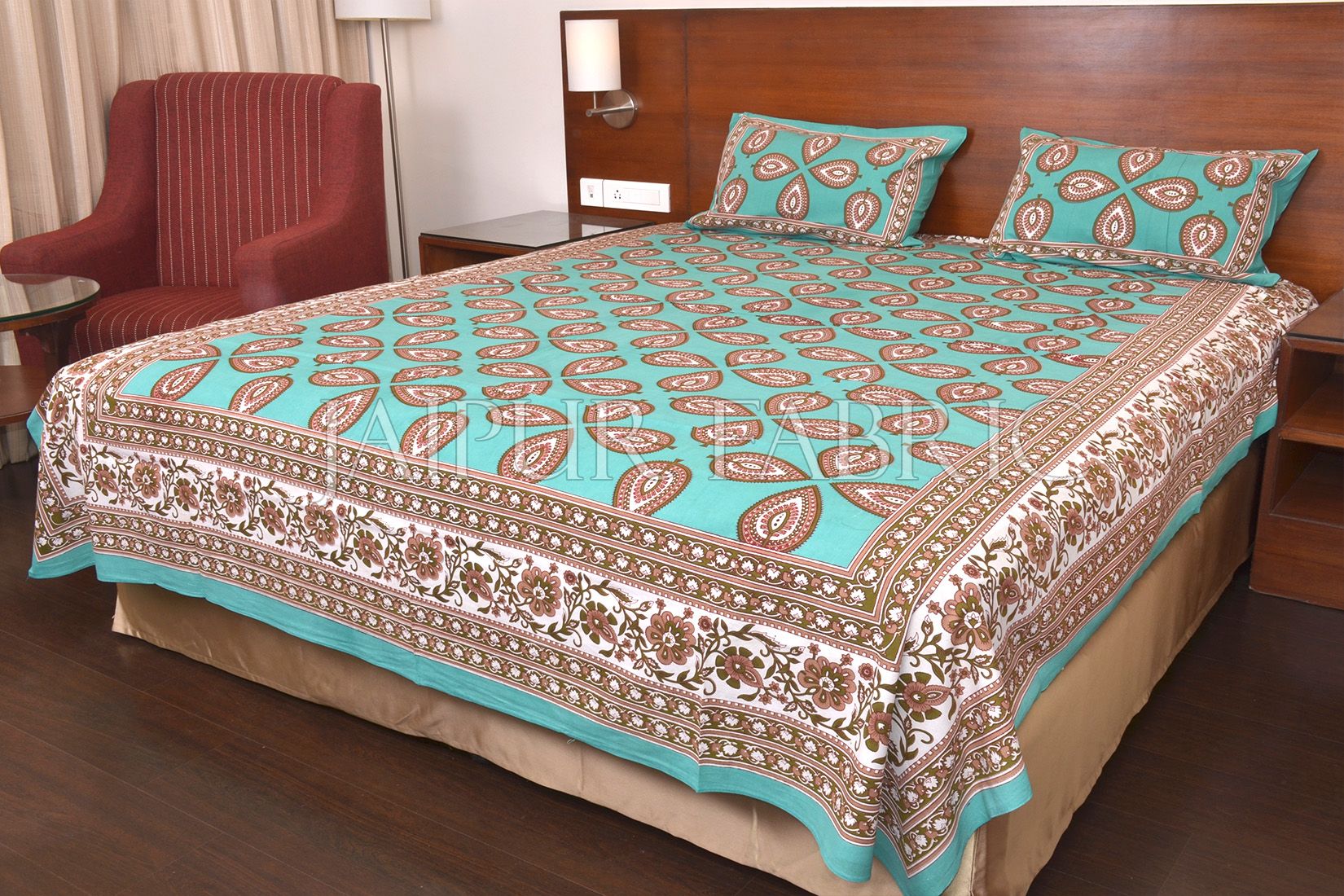 Green Color Jaipuri Paan Patti Print Double Bed Sheet