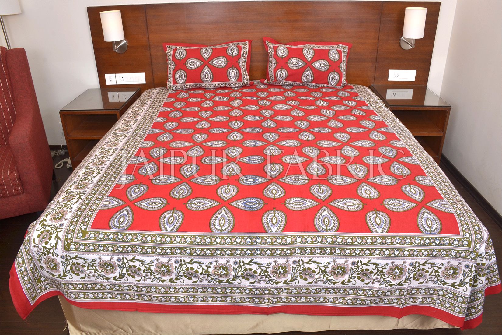 Red Color Jaipuri Paan Patti Print Double Bed Sheet