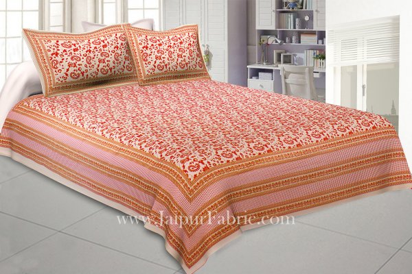 Ethnic Gold Pink Floral Double Bedsheet