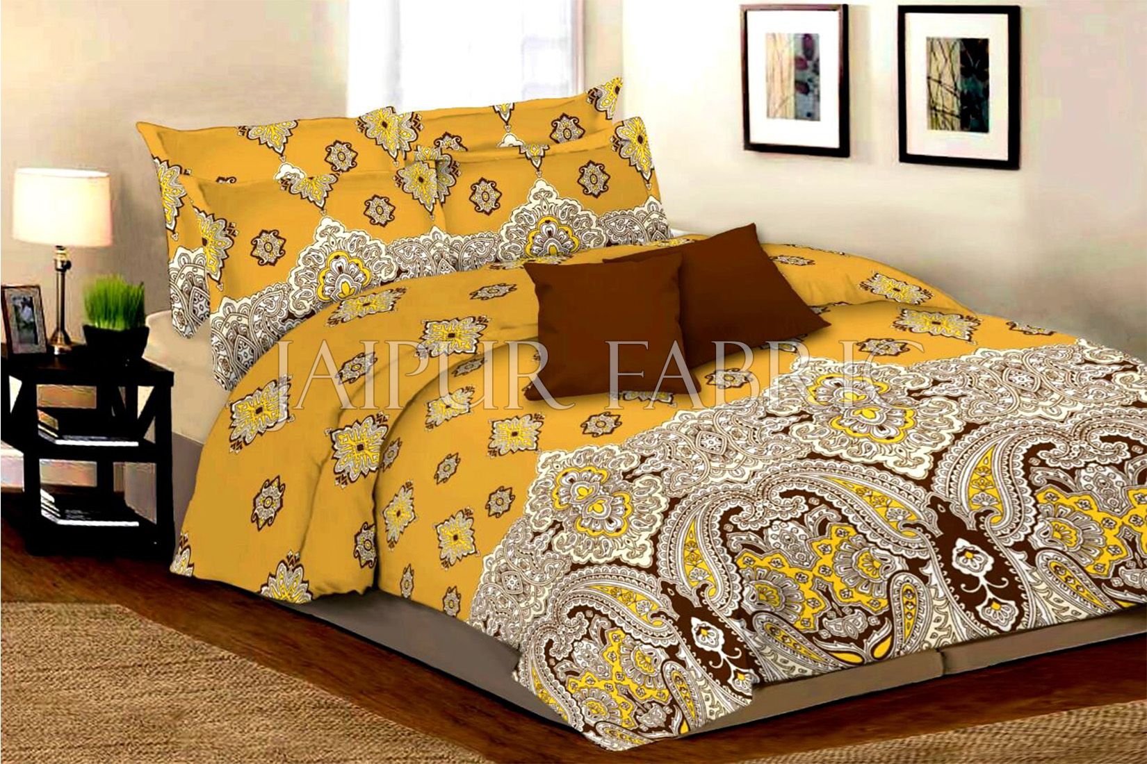 Mustard Color with Brown Royal Rajasthani Print Single Bed Sheet