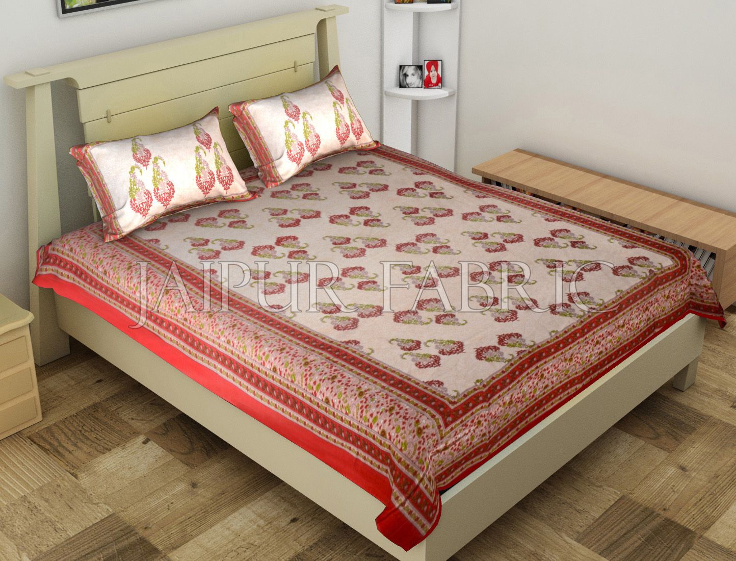 Red Border Boteh Printed Cotton Single Bed Sheet