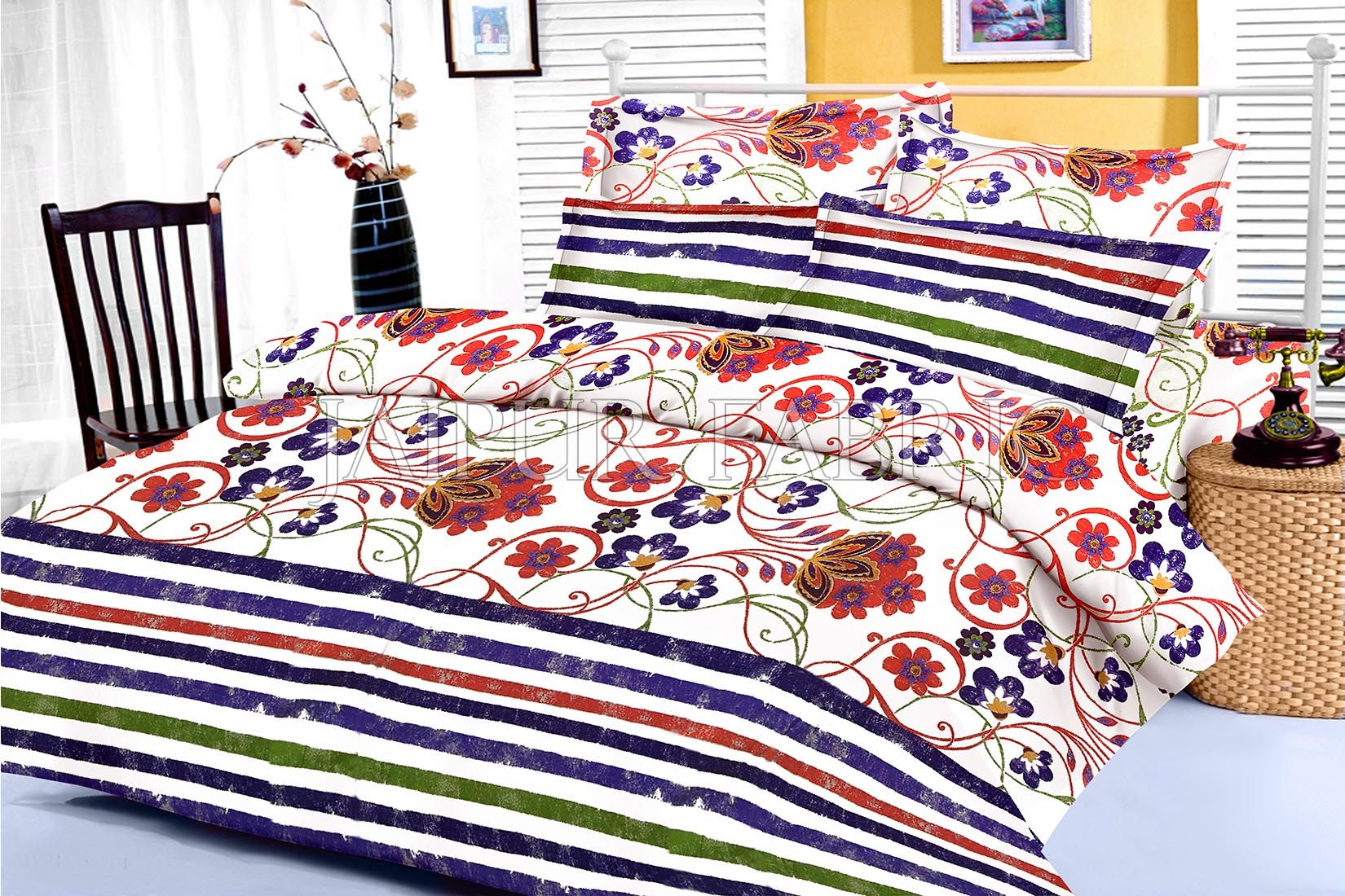 Blue Floral and Slanting Stripe Border King Size Cotton Bed Sheet