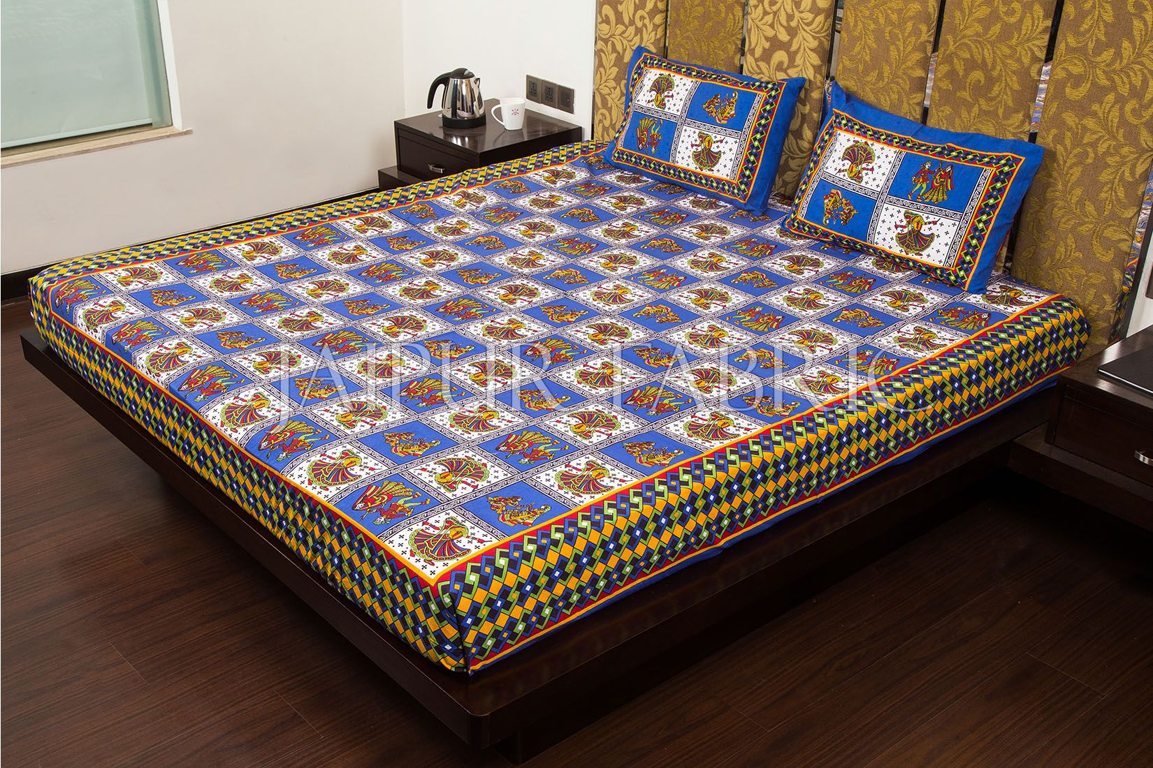 Blue Color Jaipuri Folk Dance Print Cotton Double Bed Sheet