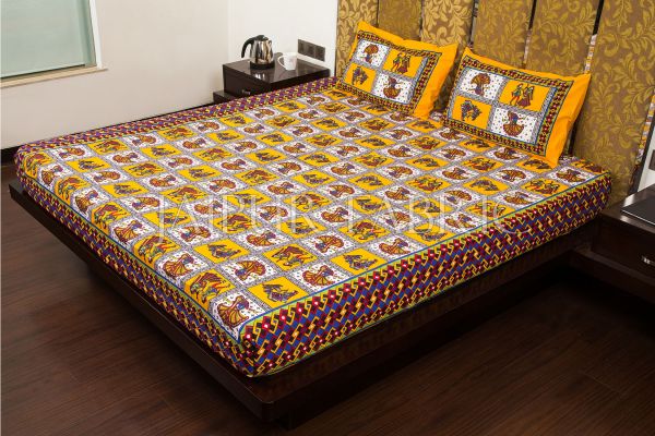 Yellow Color Jaipuri Folk Dance Print Cotton Double Bed Sheet