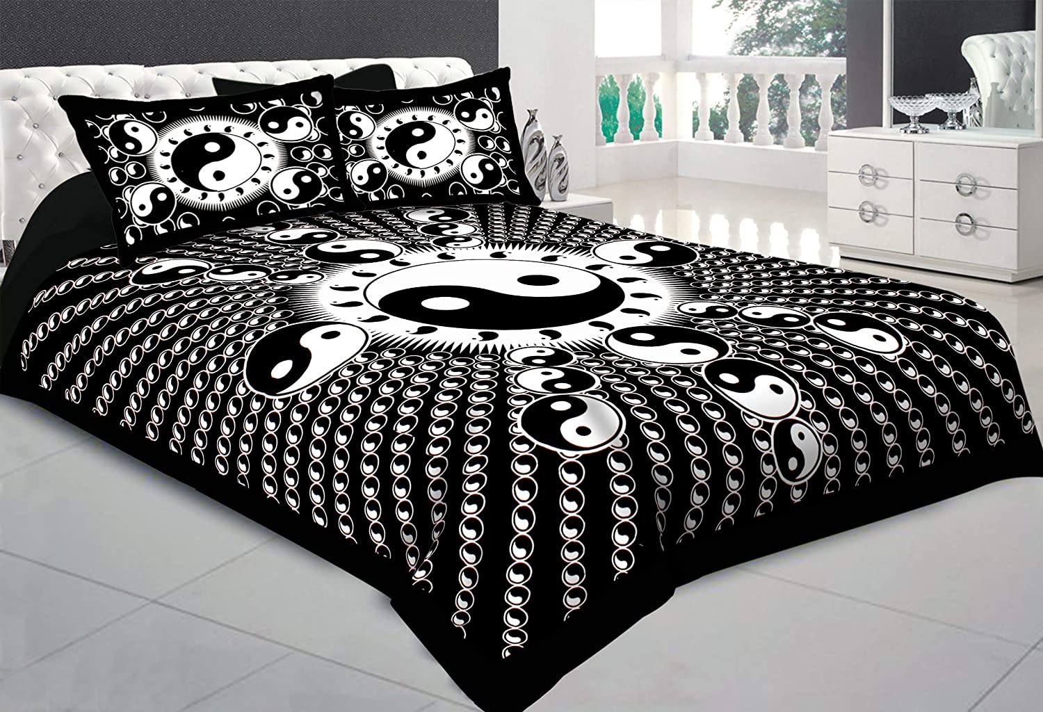 Black  Border Black  Base Doordarshan  Print Fine Cotton Double Bedsheet  With Pillow Cover