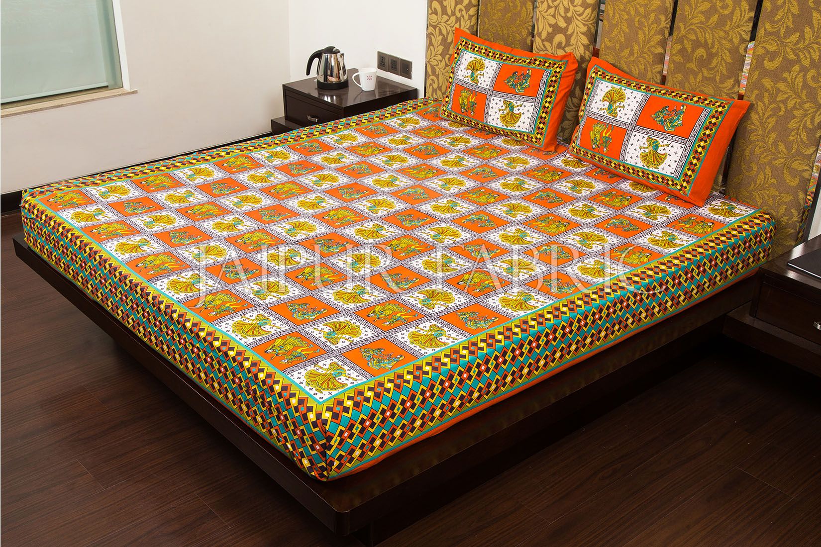 Orange Color Jaipuri Folk Dance Print Cotton Double Bed Sheet