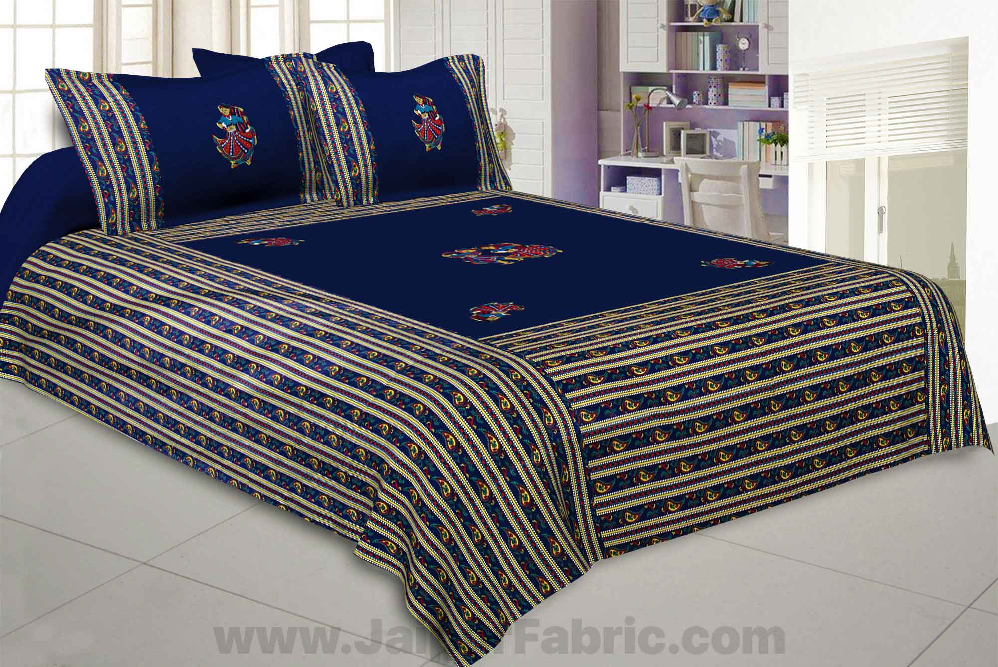 Applique Blue Rajasthani Dance Jaipuri  Hand Made Embroidery Patch Work Double Bedsheet