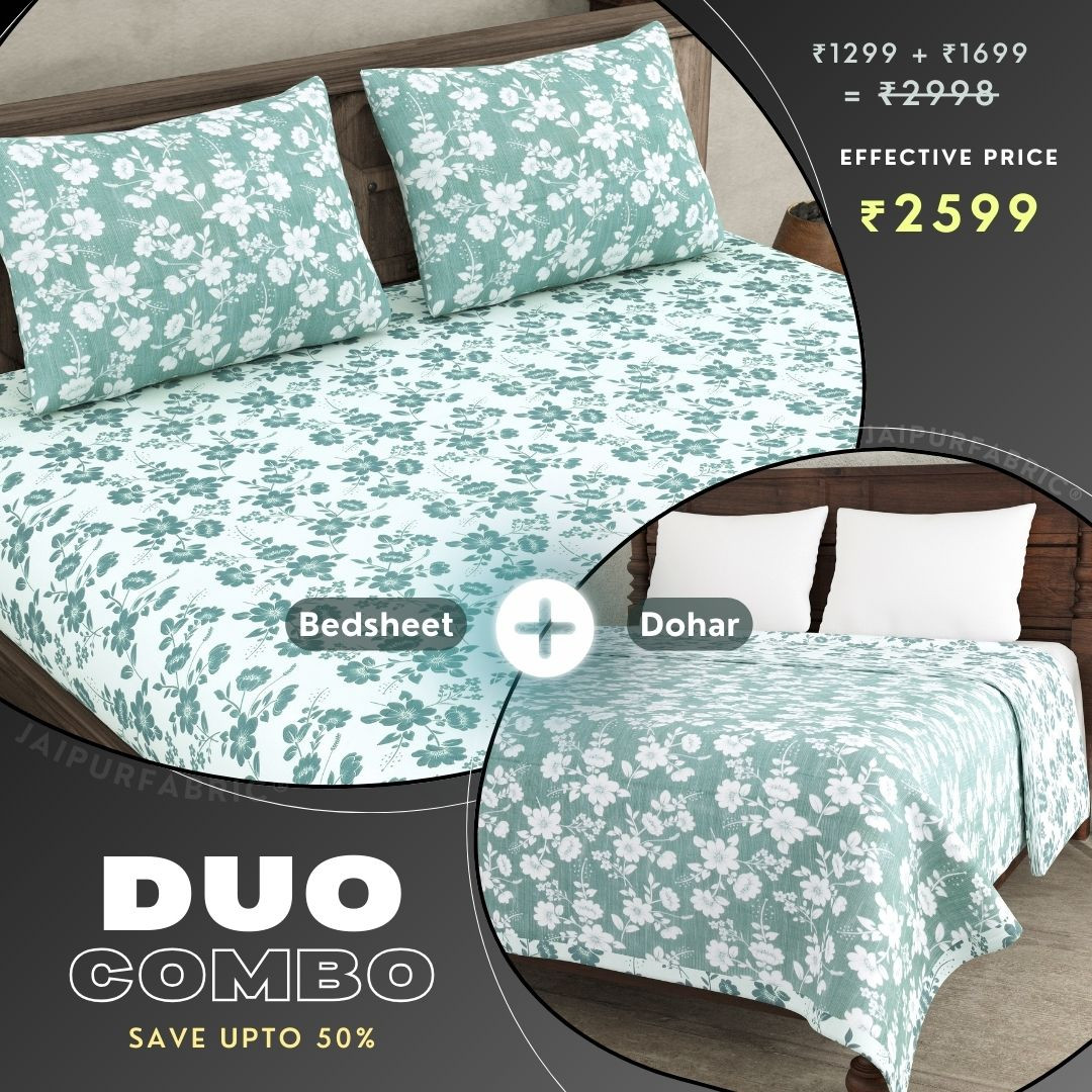 Summer Revival Green and Off White Dohar and Bedsheet Combo