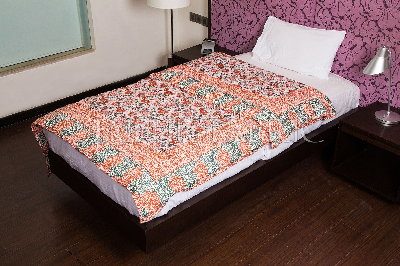 Red Green Floral Print Cotton Handmade Single Bed Jaipuri Quilt