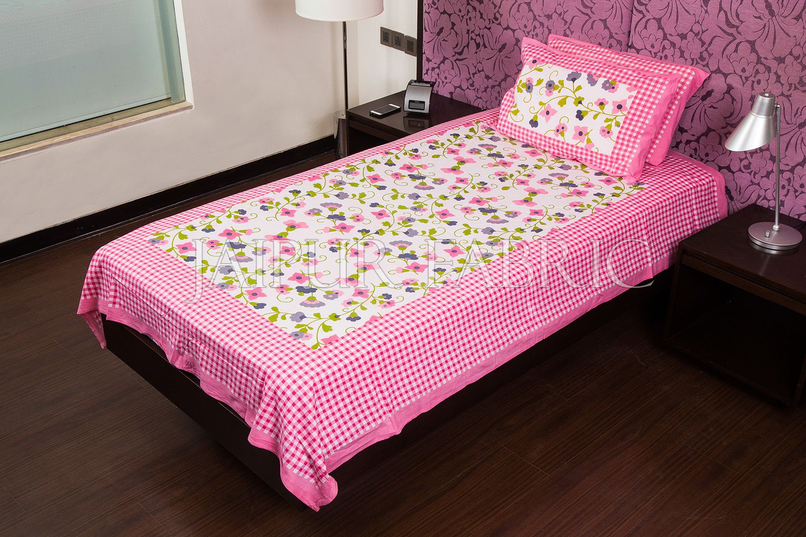 Pink Checks White Base Floral Print Single Cotton Bed sheet