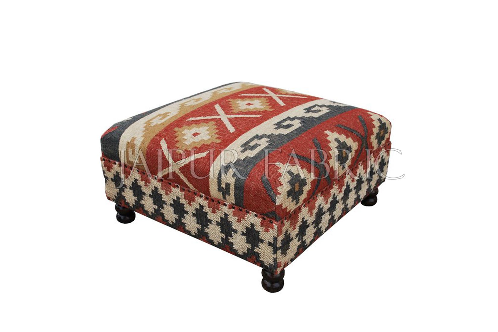 Wooden Pouf Bench Upholstered with Wool and Jute Kilim Woven