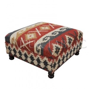 Wooden Pouf Bench Upholstered with Wool and Jute Kilim Woven