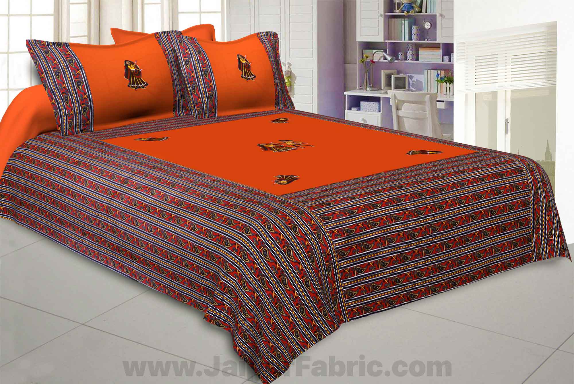 Applique Orange Dandiya Jaipuri  Hand Made Embroidery Patch Work Double Bedsheet