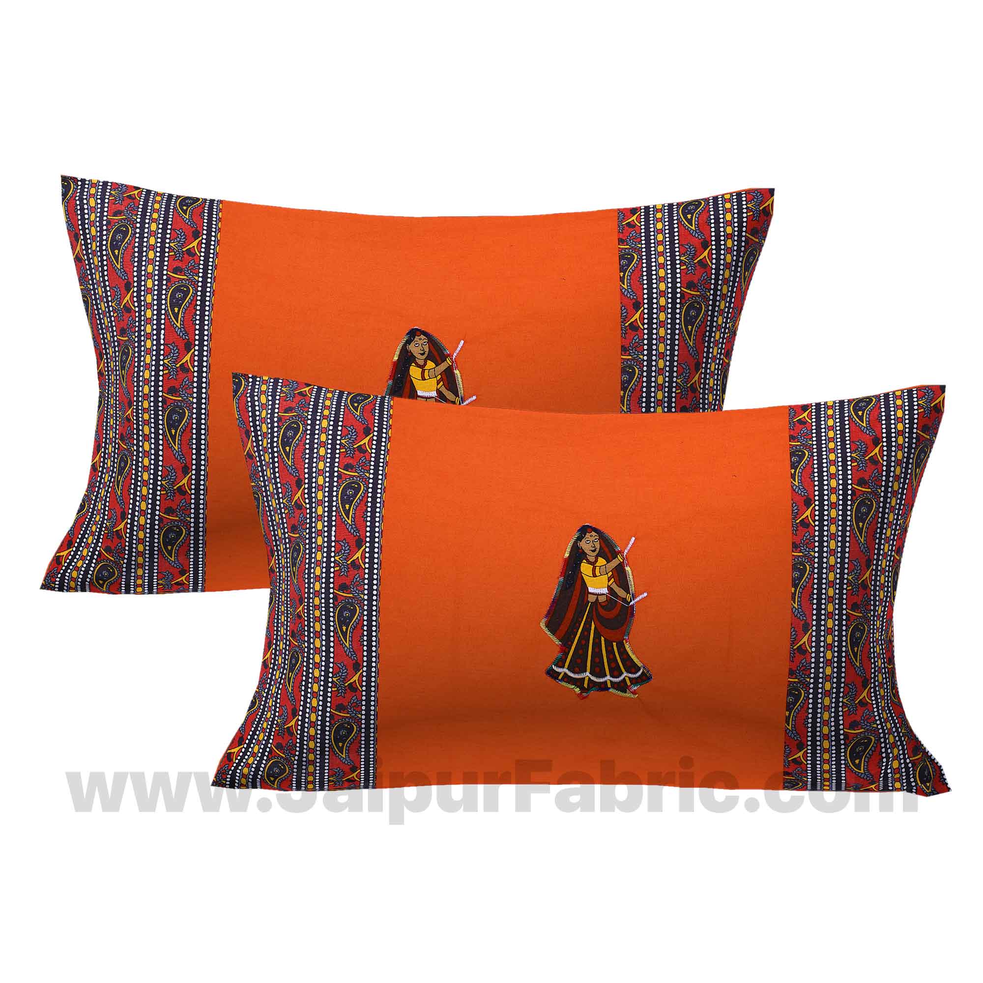 Applique Orange Dandiya Jaipuri  Hand Made Embroidery Patch Work Double Bedsheet