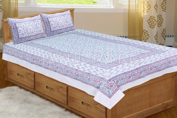 White Base With Pink and Cyan Color Print Single Cotton Bed sheet