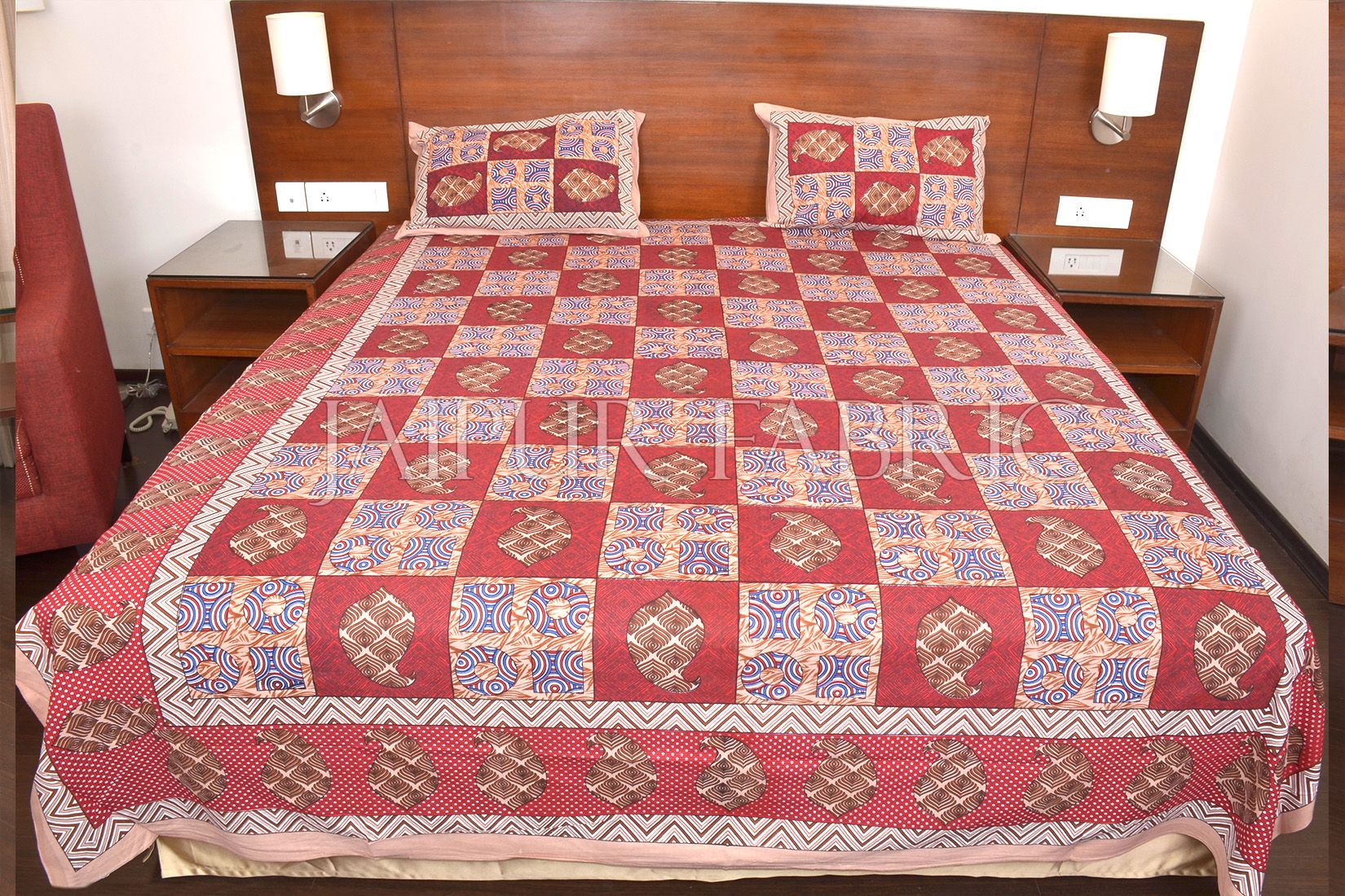 Keri Print  Red Color Base with Brown Shade Double Bed Sheet