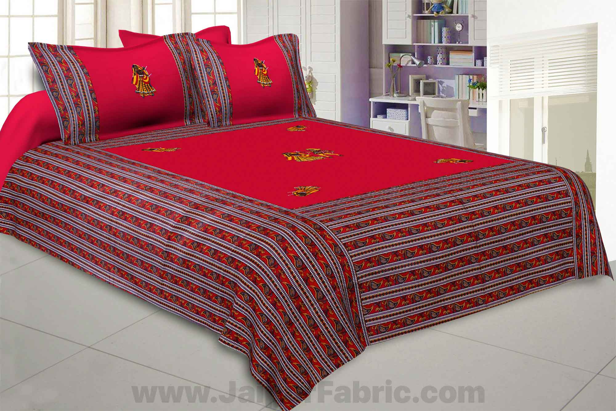 Applique Red Dandiya Jaipuri  Hand Made Embroidery Patch Work Double Bedsheet