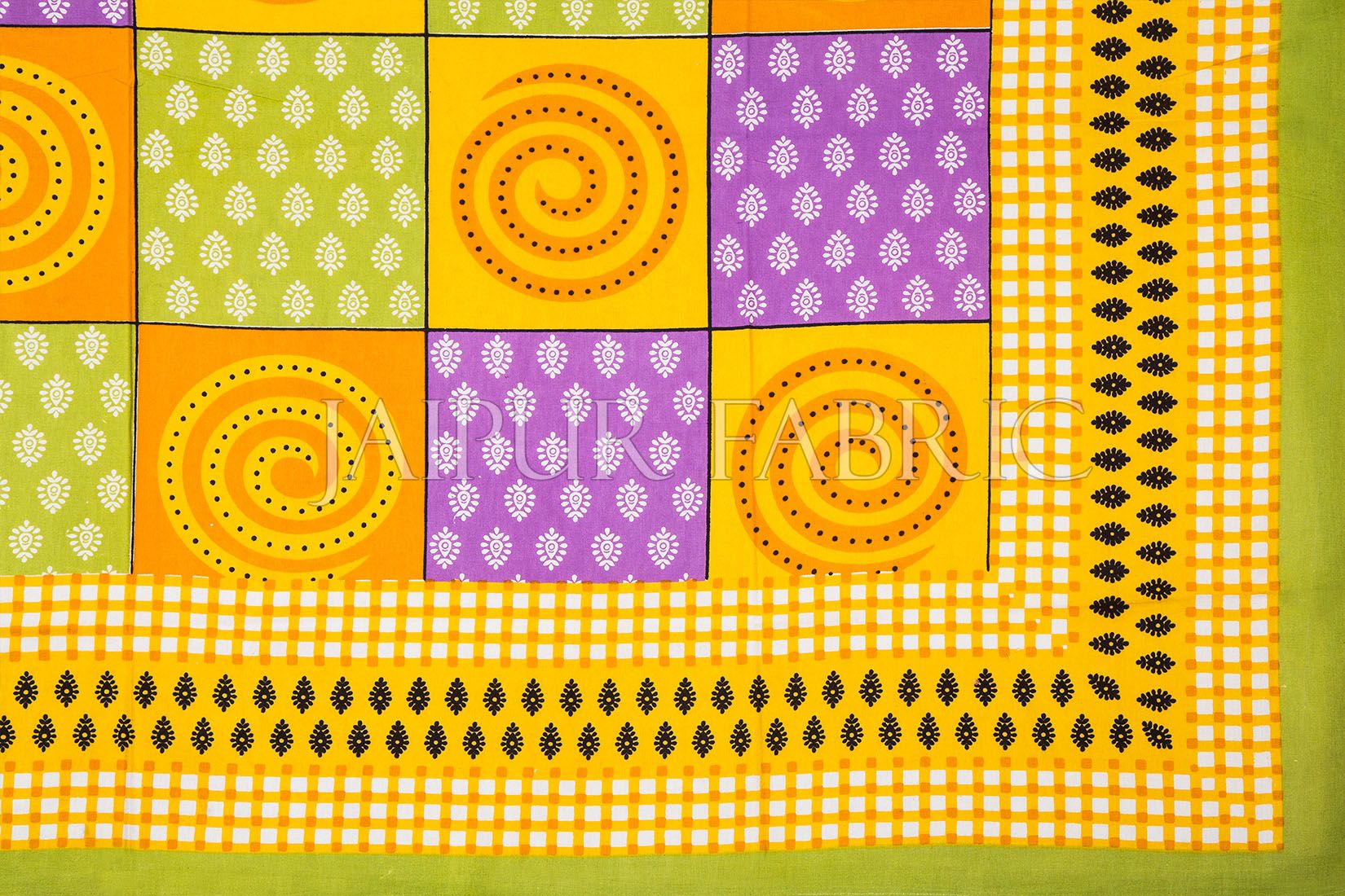 Green Base Yellow Rangoli Print Cotton Single Bed Sheet