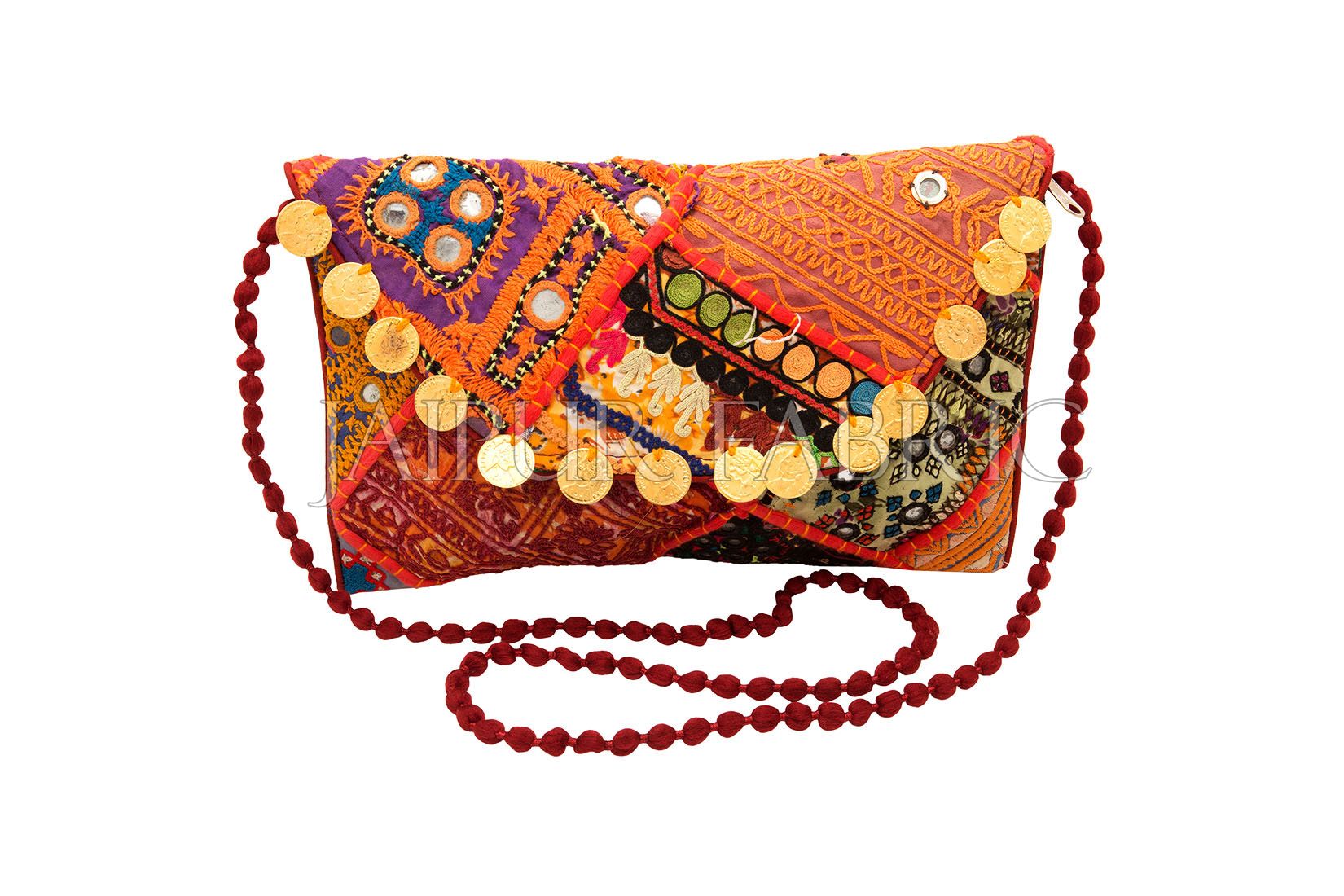 Hand Embroidered Patchwork With Golden Coins Clutch