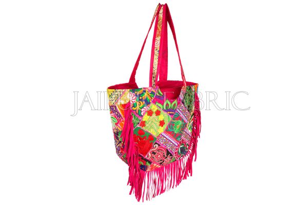 Pink Zari Embroidered With Velvet Fringes Hand Bag