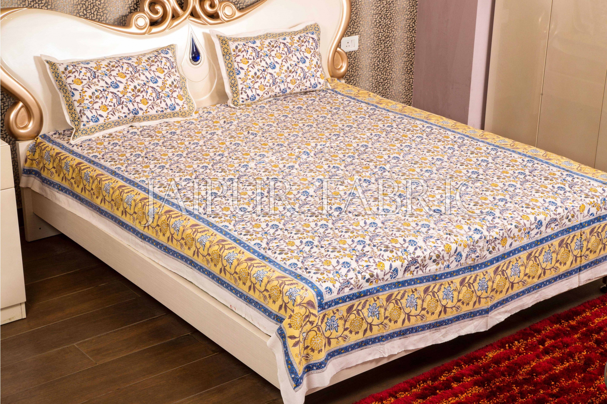 Blue Border with White Base Floral Hand Block Print Double Bed Sheet with Two Pillow Covers