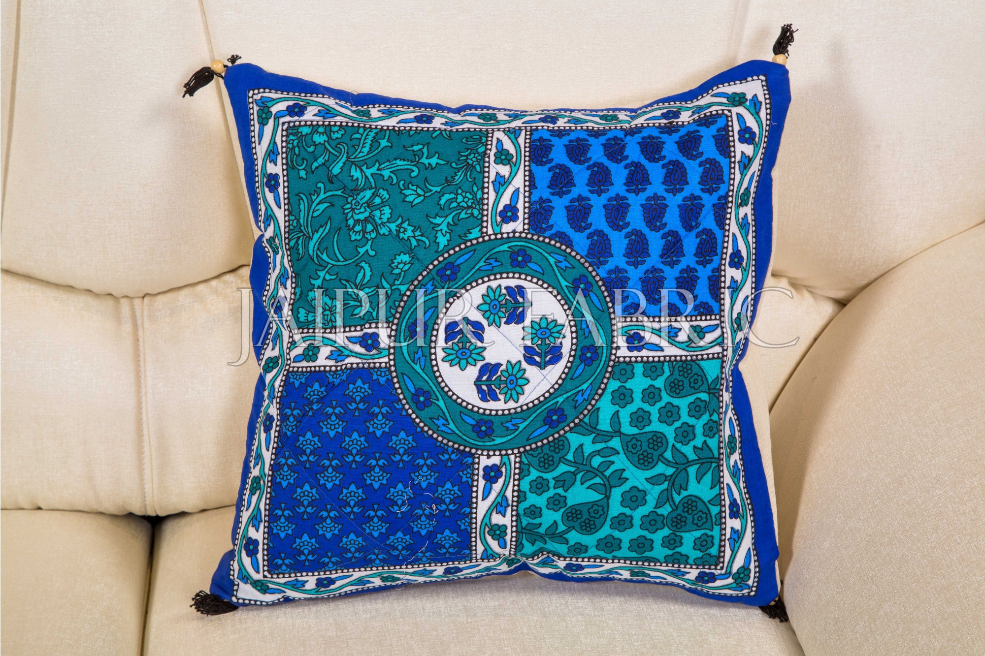 Blue Pottery With Foam Block Print Cushion Cover