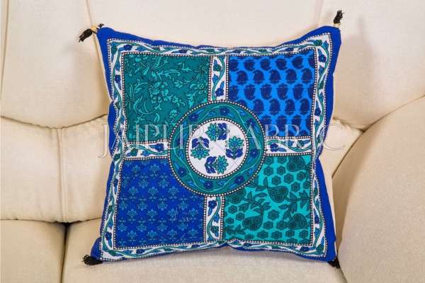 Blue Pottery With Foam Block Print Cushion Cover