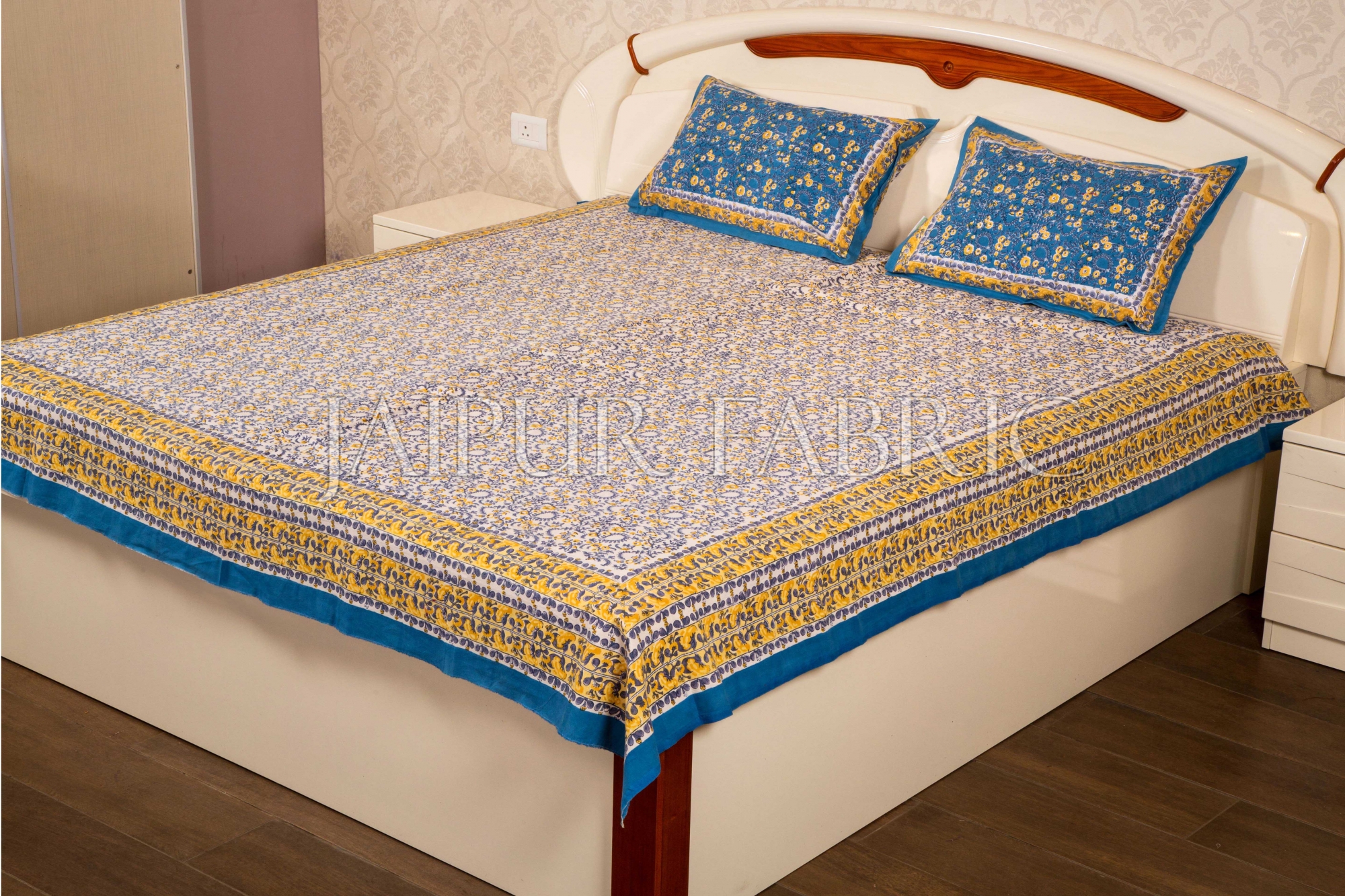 Blue with White Base Flower Hand Block Print Double Bed Sheet with Two Pillow Covers