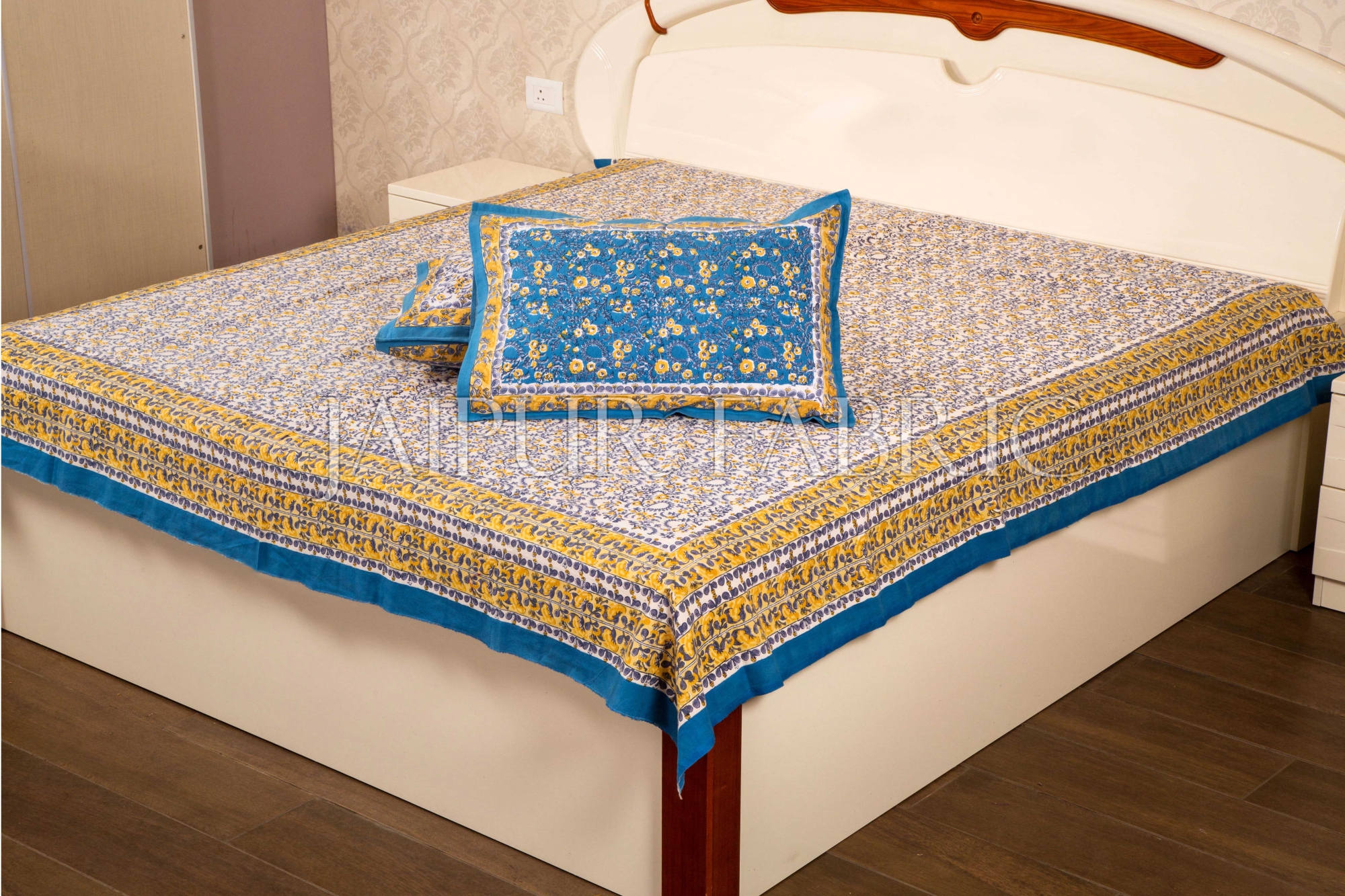 Blue with White Base Flower Hand Block Print Double Bed Sheet with Two Pillow Covers