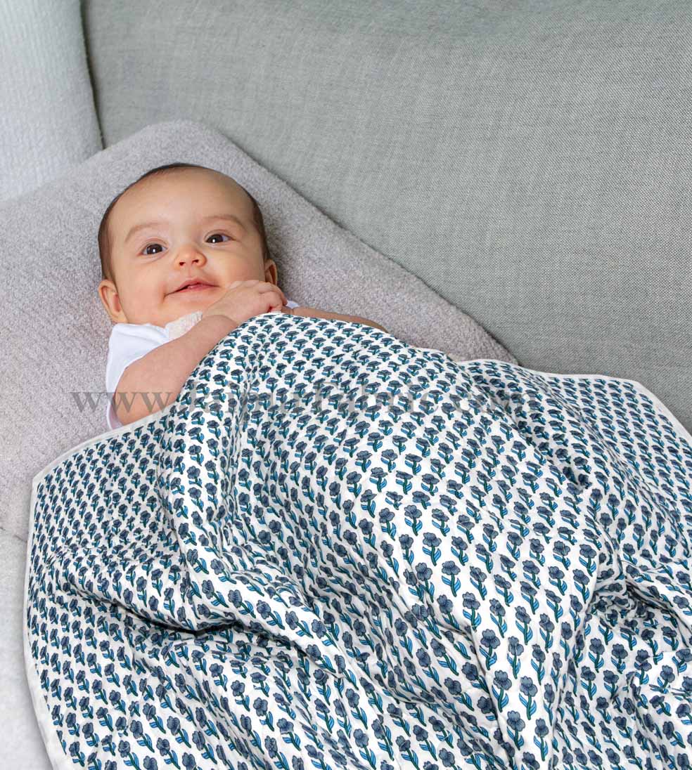 Baby Blanket Newborn Blue & Grey Soft Crib Comforter and Toddler Swaddling Blankets for Babies 120 x 120 cm Colourful White Base Baby Quilt