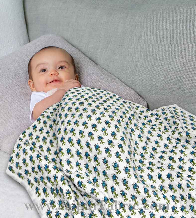 Baby Blanket Newborn Green & Sky Blue Soft Crib Comforter and Toddler Swaddling Blankets for Babies 120 x 120 cm Colourful White Base Baby Quilt
