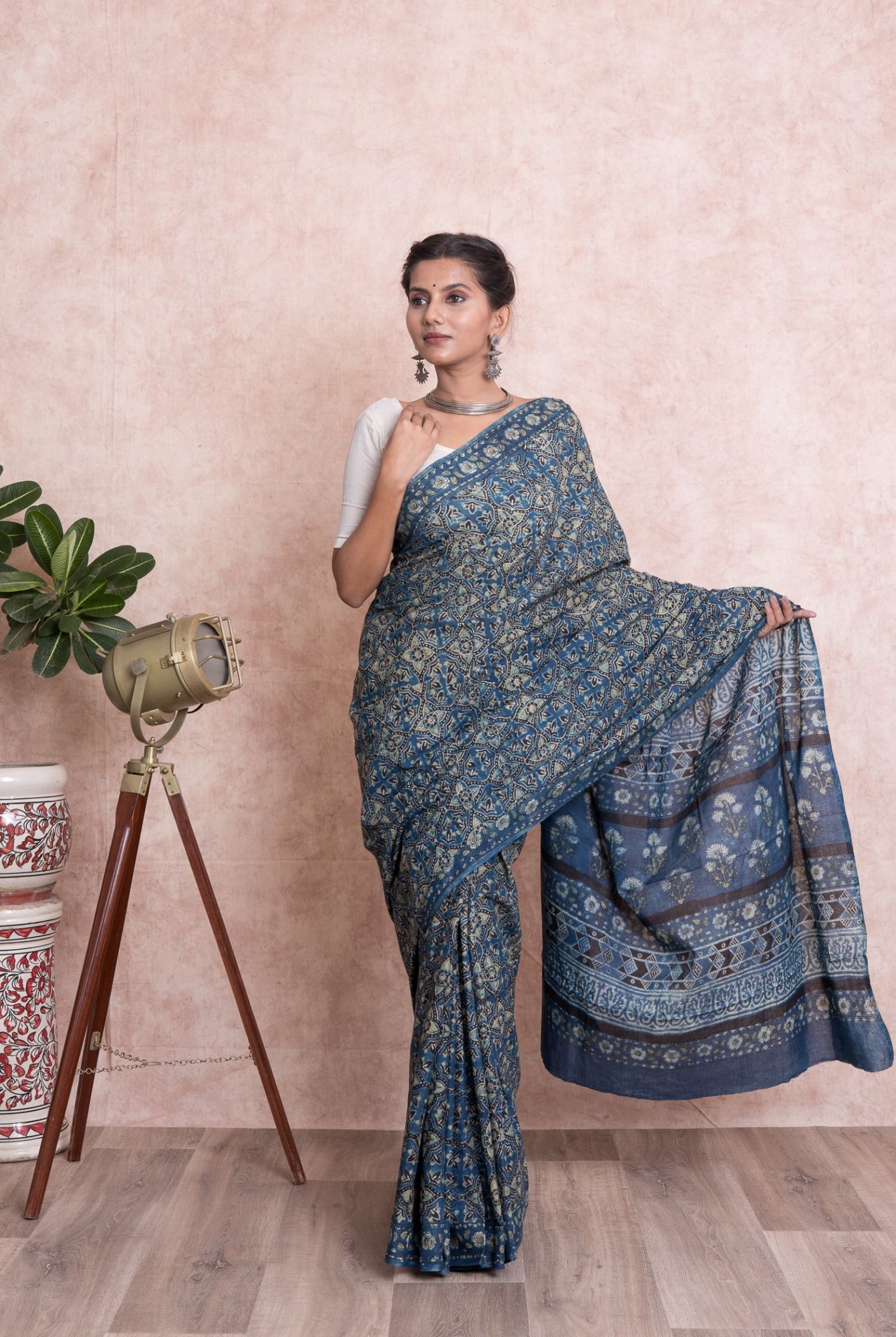 Women Ajrak Print Geometric Cotton Mulmul Saree with Unstitched Blouse - Blue