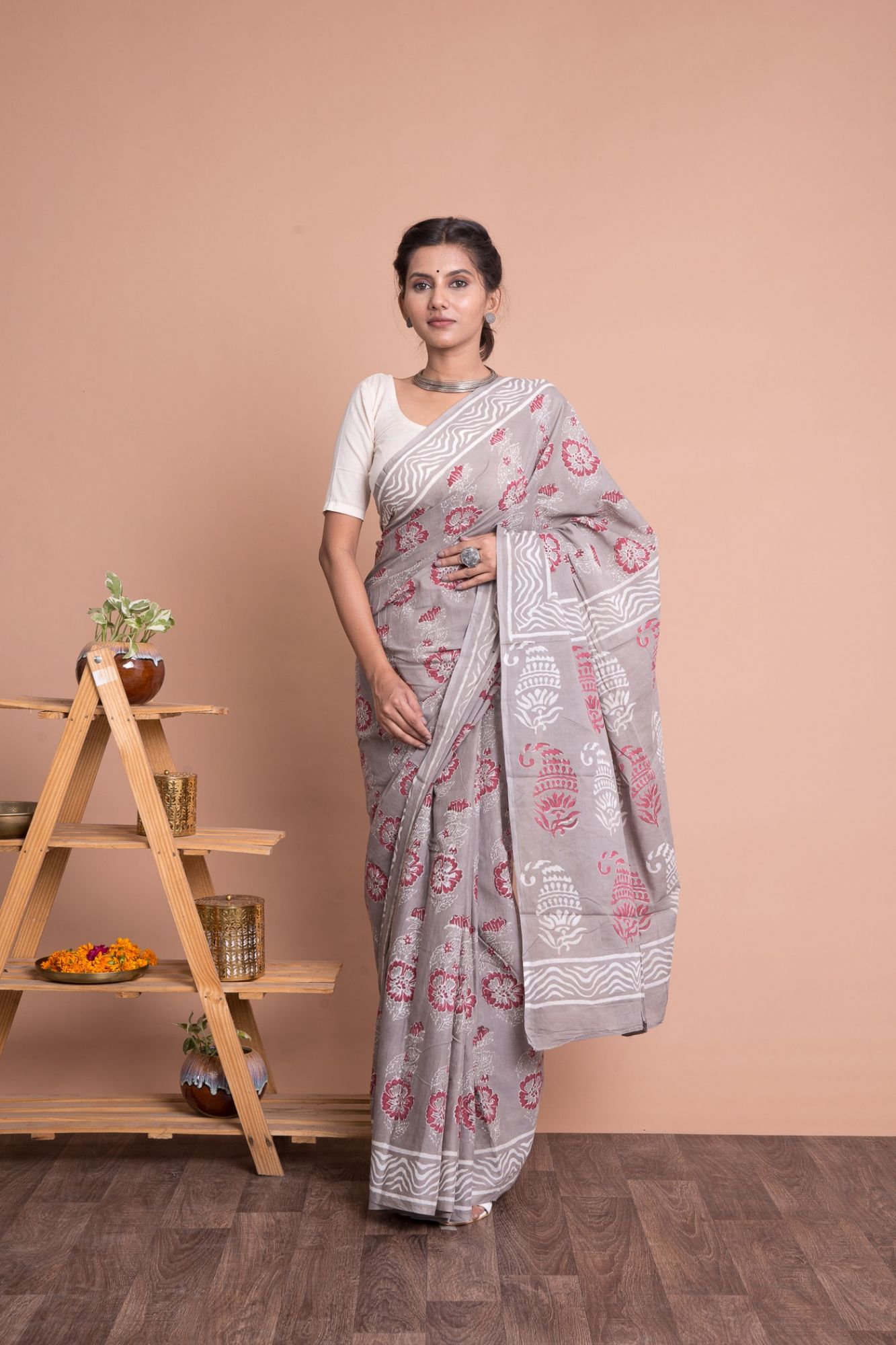 Women Hand Block Print Cotton Mulmul Saree with Unstitched Blouse - Grey