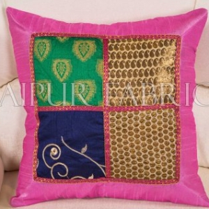 Multi Color Patch Work Gold Print with Pink Base Cushion Cover