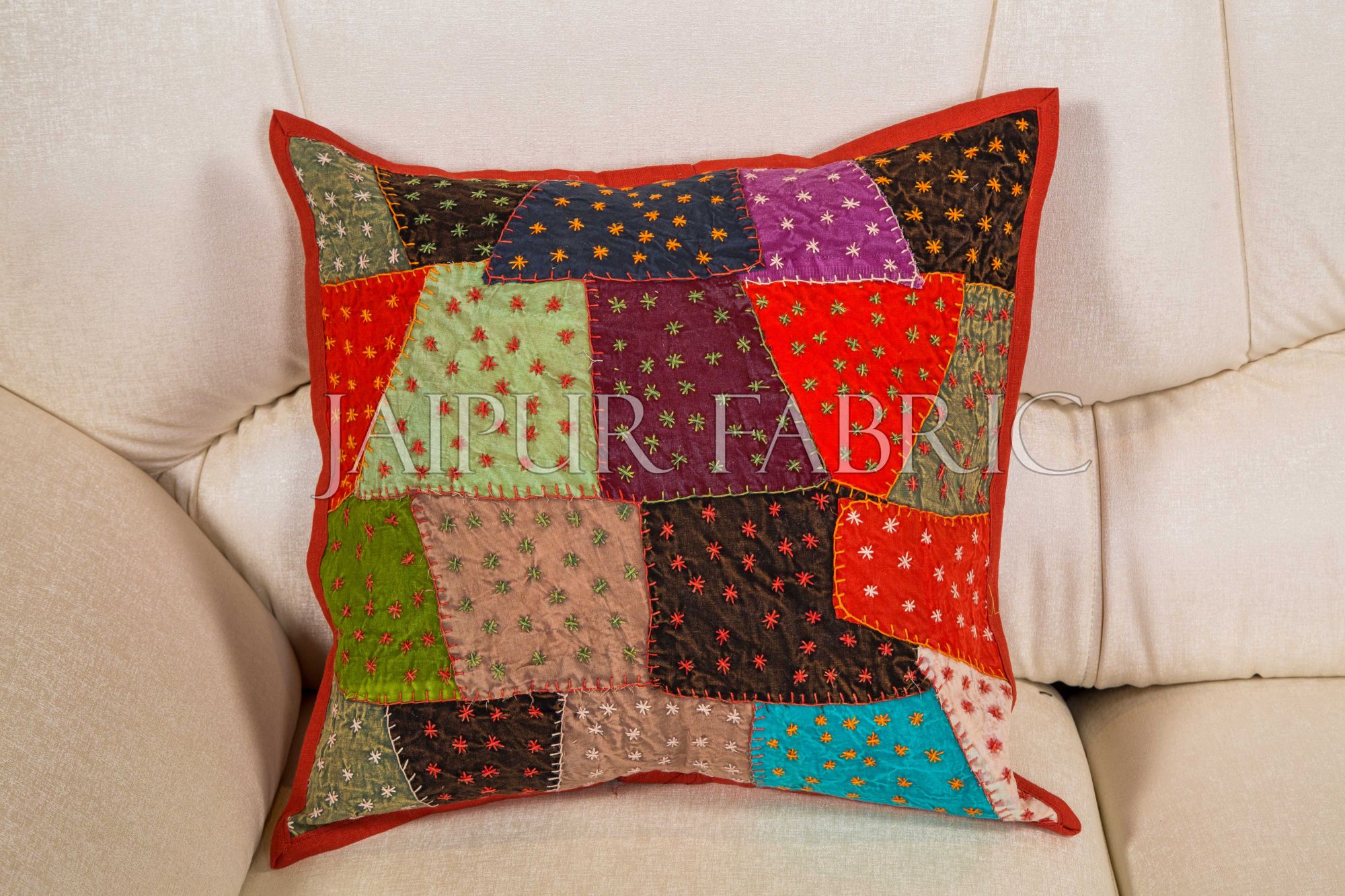 Multi-Color Patch Work with Embroidery  Cushion Cover