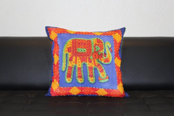 Blue Jaisalmer handmade Embroidery with Thread work Elephant Print Cushion cover