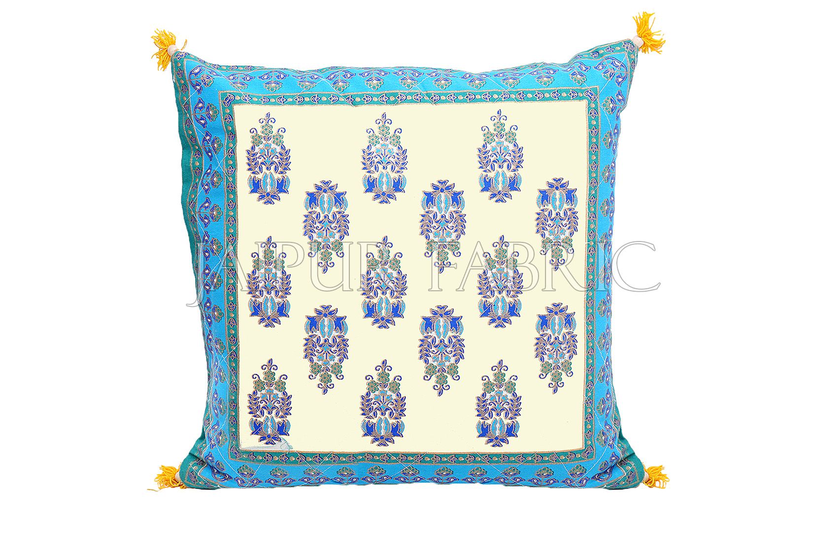 Cream Base with Cyan Border Rajasthani Kalash Design Cotton Cushion Cover