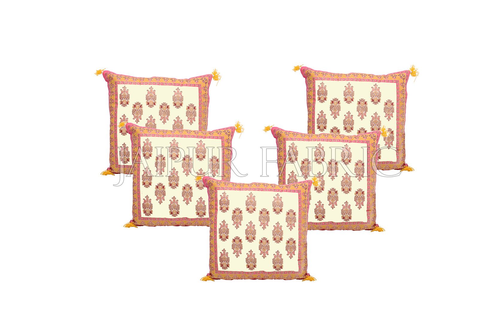 Cream Base with Orange Border Rajasthani Kalash Design Cotton Cushion Cover