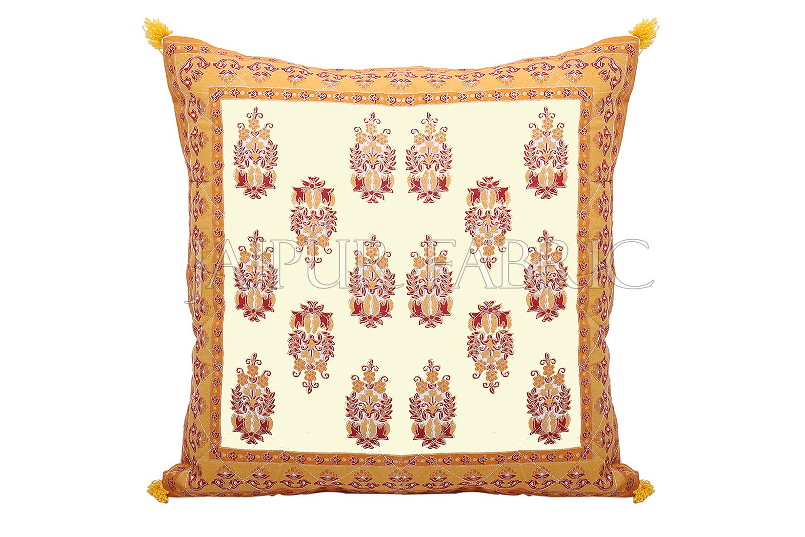 Cream Base with Yellow Border Rajasthani Kalash Design Cotton Cushion Cover